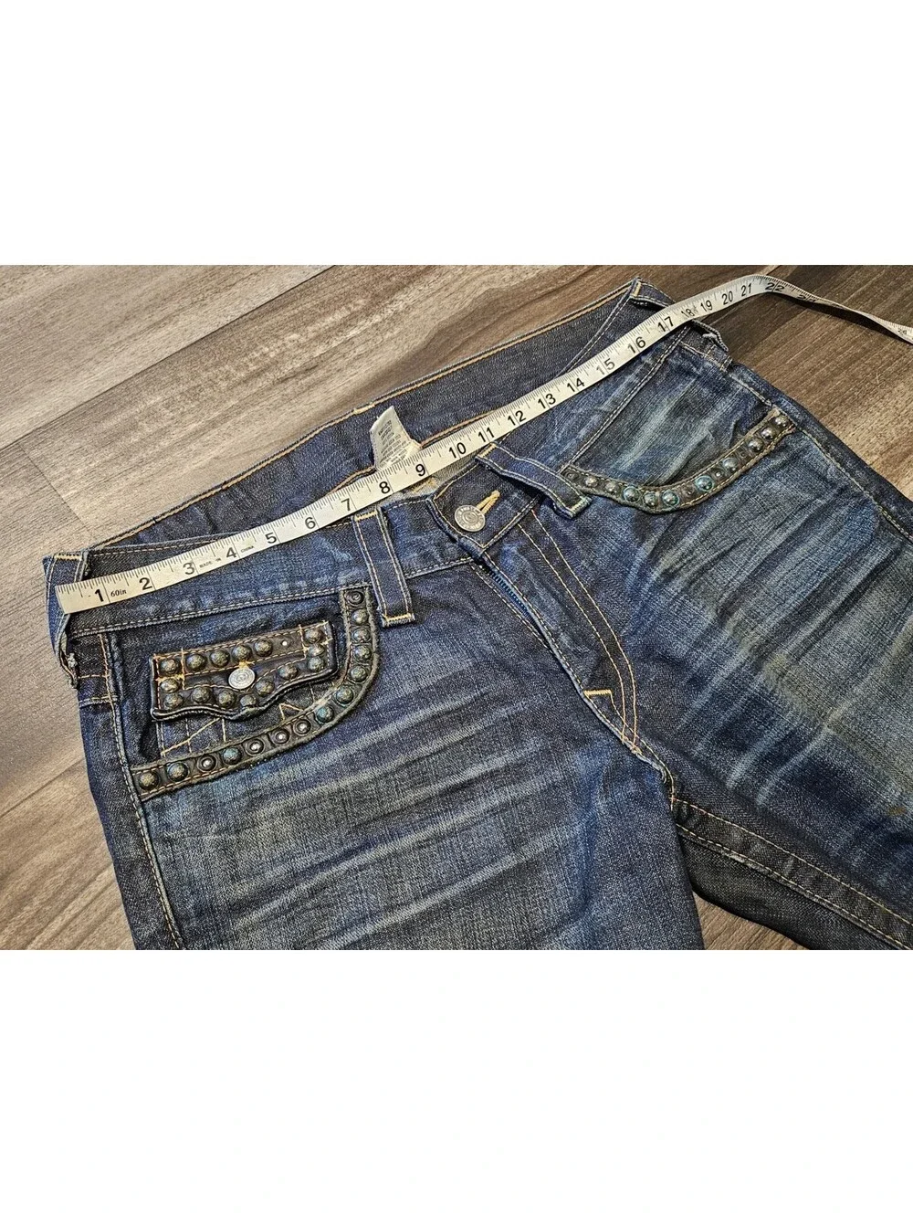 USA True Religion Joey Studded Mens 31x30 Dark Wash Blue Jeans Thick Stitch
